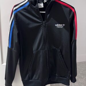 Adidas Black Jacket with Red and Blue Stripes
